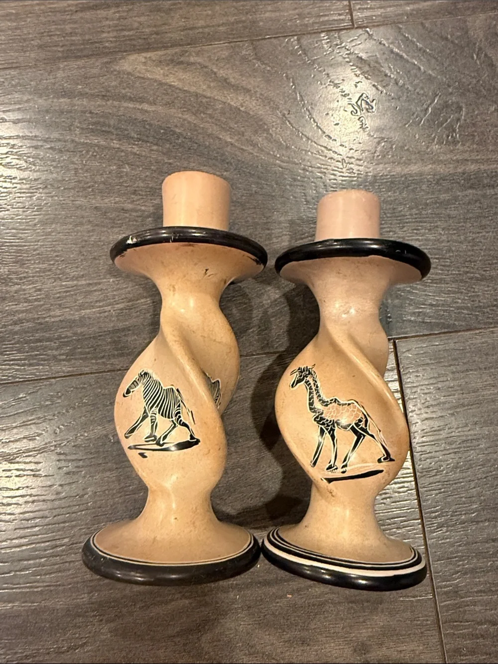 Handcrafted African-Inspired Tan Ceramic Candle Holders - Pair 8:5